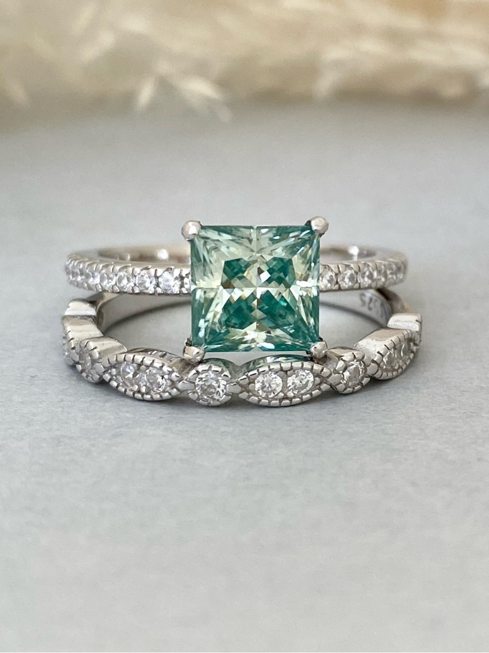 Princess Cut 2ct Green Moissanite Diamond 2pc CZ Wedding Women’s Band Ring Set